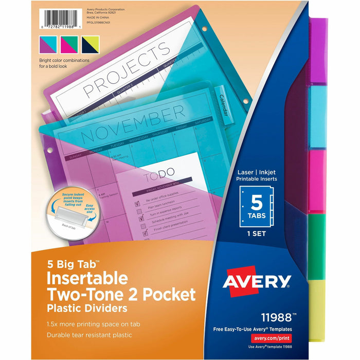 Avery® Big Tab Tab Divider - 5 x Divider(s) - 5 - 5 Tab(s)/Set - 9.3" Divider Width x 11.13" Divider Length - 3 Hole Punched - Multicolor Plastic Divider - Multicolor Plastic Tab(s) - 24 / Carton