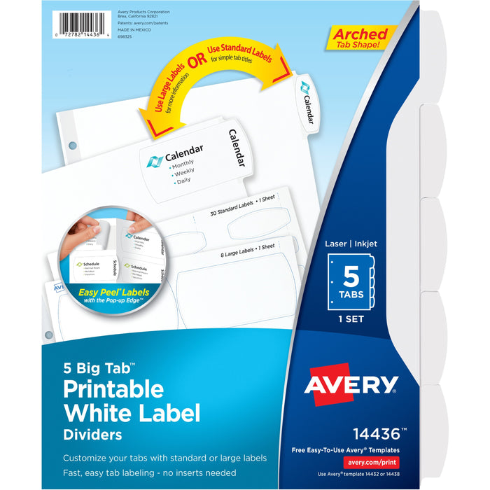 Avery® Big Tab Printable White Label Dividers - 5 x Divider(s) - 5 - 5 Tab(s)/Set - 8.5" Divider Width x 11" Divider Length - 3 Hole Punched - White Paper Divider - White Paper Tab(s) - 0% - Hole-punched, Printable, Customizable - 36 / Carton