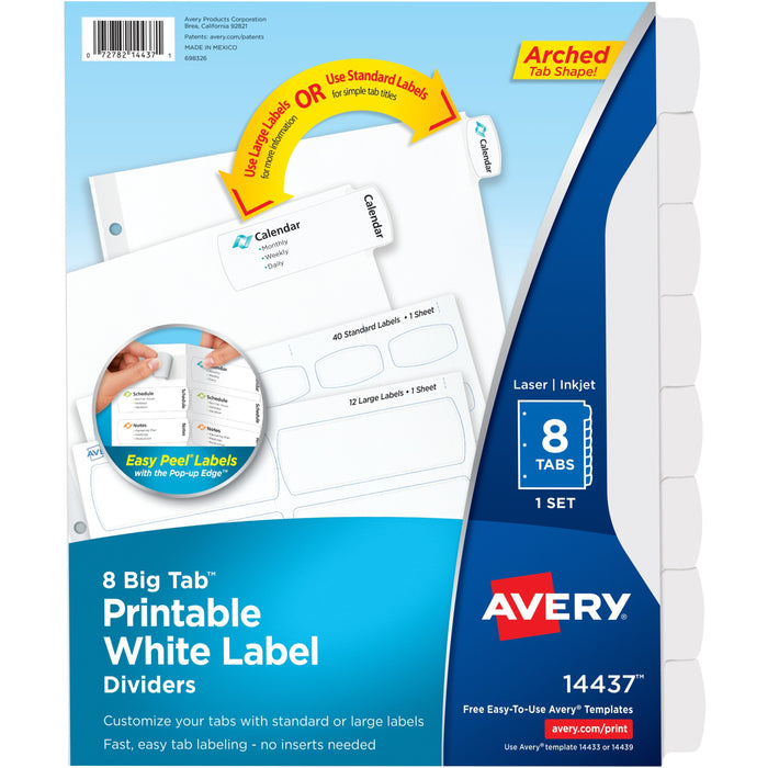 Avery® Big Tab Printable White Label Dividers - 8 x Divider(s) - 8 - 8 Tab(s)/Set - 8.5" Divider Width x 11" Divider Length - 3 Hole Punched - White Paper Divider - White Paper Tab(s) - 0% - Hole-punched, Printable, Customizable - 36 / Carton