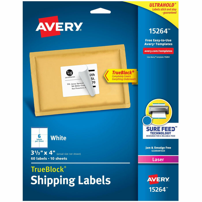 Avery® Shipping Labels, Sure Feed, 3-1/3" x 4" , 60 White Labels (15264) - 3 21/64" Widthss x 4" Length - Permanent Adhesive - Rectangle - Inkjet, Laser - Matte - White - Paper - 6 / Sheet - 10 Total Sheets - 60 Total Label(s) - 60/Pack - 1 Carton