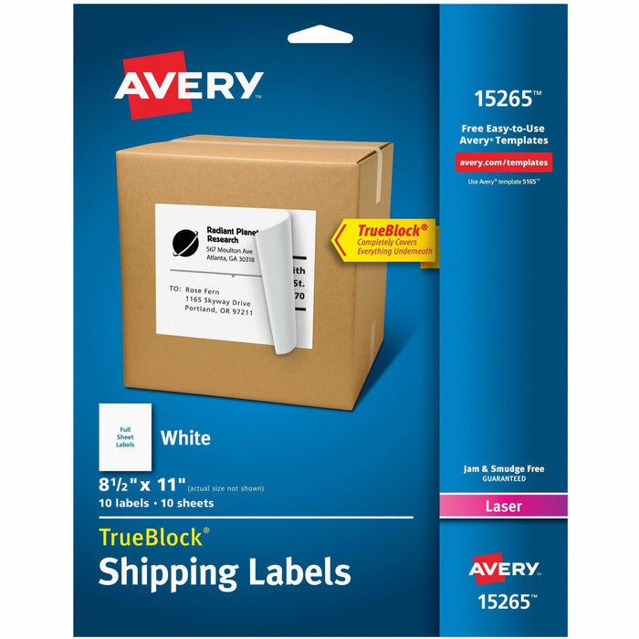 Avery® Internet Shipping Labels, 8-1/2" x 11" , 10 Labels (15265) - 8 1/2" Widthss x 11" Length - Permanent Adhesive - Laser, Inkjet - Matte - White - Paper - 1 / Sheet - 10 Total Sheets - 10 Total Label(s) - 10/Box - 1 Carton