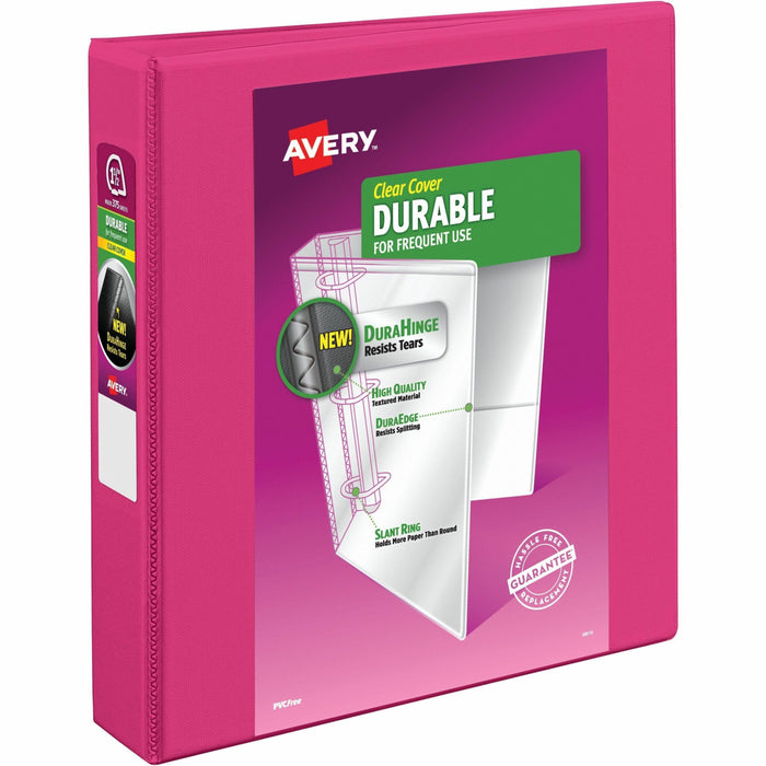 Avery® Durable View 3 Ring Binder, 1.5" Slant Rings, 1 Pink Binder (17833) - 1 1/2" Binder Capacity - Letter - 8 1/2" x 11" Sheet Size - 375 Sheet Capacity - 375 Ring - Fastener: Slant Ring - Pocket: 2 - Polypropylene - Adhesive, Durable, Flexible, Pocket
