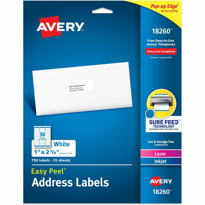 Avery® Easy Peal Sure Feed Address Labels - 1" Widthss x 2 5/8" Length - Permanent Adhesive - Rectangle - Inkjet, Laser - Matte White - Matte - Paper - 30 / Sheet - 30 Total Sheets - 750 Total Label(s) - 750/Pack - 5 / Carton