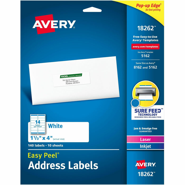 Avery® Easy Peel Address Label - 1 21/64" Widthss x 4" Length - Permanent Adhesive - Rectangle - Inkjet, Laser - Matte White - Matte - Paper - 14 / Sheet - 14 Total Sheets - 140 Total Label(s) - 140/Pack - 1 Carton