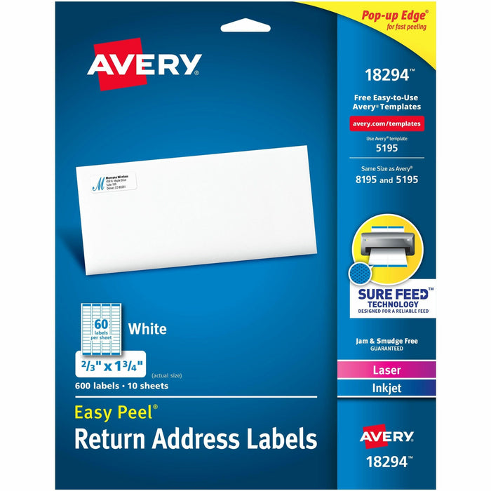Avery® Easy Peel Address Labels, 2/3" x 1-3/4" , 600 Labels (18294) - x 21/32" Width x 1 3/4" Length - Permanent Adhesive - Rectangle - Inkjet, Laser - Matte - White - Paper - 60 / Sheet - 10 Total Sheets - 600 Total Label(s) - For Label Printer - 1 Carto