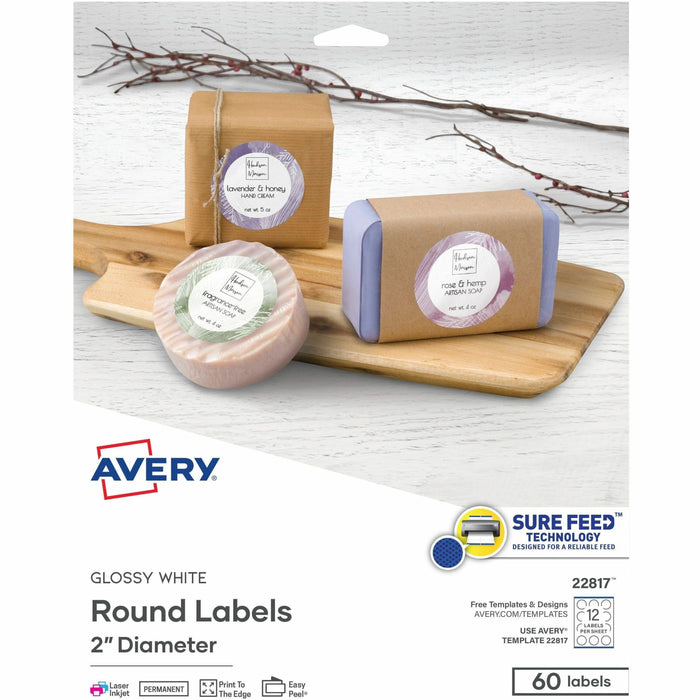 Avery® Printable Round Labels , 2" , Glossy White, 60 Labels (22817) - x 2" Diameter - Permanent Adhesive - Round - Laser, Inkjet - Glossy - White - Paper - 12 / Sheet - 5 Total Sheets - 60 Total Label(s) - For Label Printer - 1 Carton