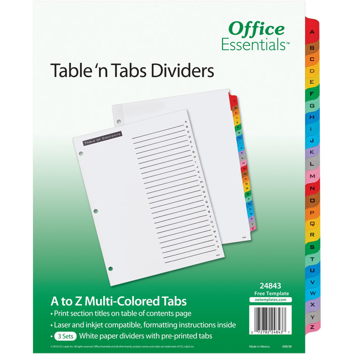 Avery® Table 'n Tabs Multicolored Tab A-Z Dividers - 288 x Divider(s) - 288 Tab(s) - A-Z - 26 Tab(s)/Set - 8.5" Divider Width x 11" Divider Length - 3 Hole Punched - White Paper Divider - Multicolor Paper Tab(s) - 3/Pack - 1 Carton