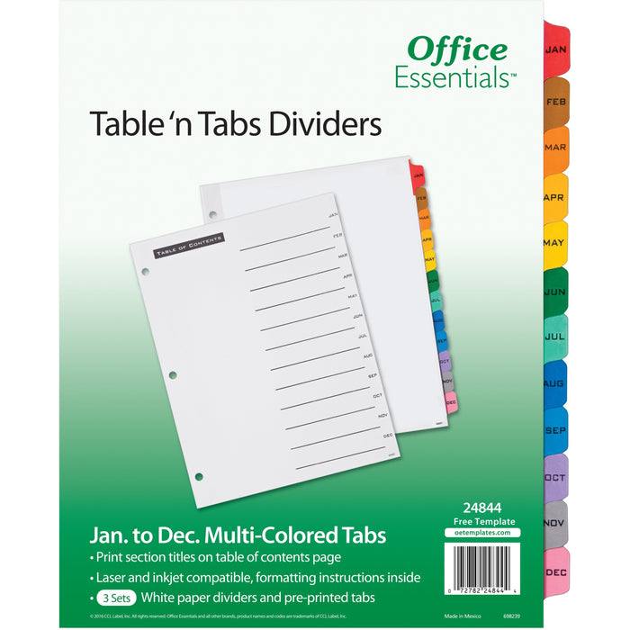 Avery® Office Essentials Table 'n Tabs Tab Dividers - 288 x Divider(s) - 288 Tab(s) - Jan-Dec - 12 Tab(s)/Set - 8.5" Divider Width x 11" Divider Length - 3 Hole Punched - White Paper Divider - Multicolor Paper Tab(s) - 3/Pack - 8 / Carton