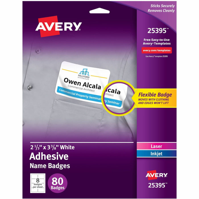 Avery® Flexible Name Badges, 2-1/3" x 3-3/8" , Matte, 80ct (25395) - x 2 21/64" Width x 3 3/8" Length - Removable Adhesive - Rectangle - Inkjet, Laser - Matte - White - Film - 8 / Sheet - 10 Total Sheets - 80 Total Label(s) - For Label Printer - 1 Carton