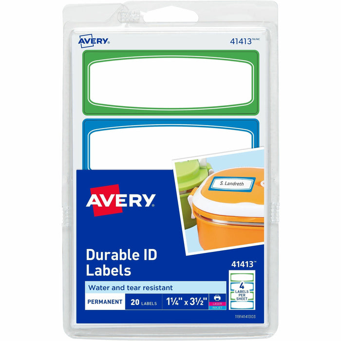 Avery® Kids Gear Durable Labels - 3 1/2" Height x 1 1/4" Width x 3 1/2" Length - Permanent Adhesive - Rectangle - Inkjet, Laser - Matte - Matte - Blue, Green Border - Film - Water Resistant - 4 / Sheet - 4 Total Sheets - 20 Total Label(s) - 1 Carton