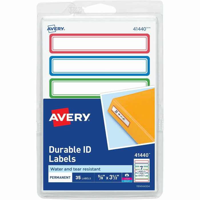 Avery® Kids Gear Durable Labels - 5/8" Height x 5/8" Width x 3 1/2" Length - Permanent Adhesive - Rectangle - Inkjet, Laser - Matte - Matte - Blue, Green, Red Border - Film - 7 / Sheet - 7 Total Sheets - 35 Total Label(s) - 1 Carton