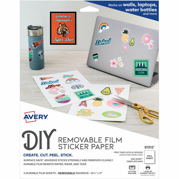 Avery® Surface Safe Printable Decal Stickers - x 8 1/2" Width x 11" Length - Removable Adhesive - Rectangle - Inkjet, Laser - Matte - White - Film - Water Resistant - 1 / Sheet - 3 Total Sheets - 3 Total Label(s) - For Label Printer - 1 Carton
