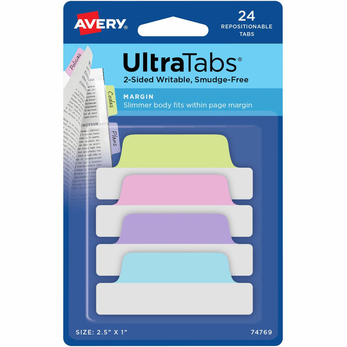 Avery® Ultra Tabs File Tab - 24 Tab(s) - 1" Tab Height x 2.50" Tab Width - Removable - Clear Film, Pastel Blue Paper, Pastel Pink, Pastel Purple, Pastel Green Tab(s) - Sturdy, Durable, Double-sided, Writable, Smudge Resistant, PVC-free, Repositionable, Re