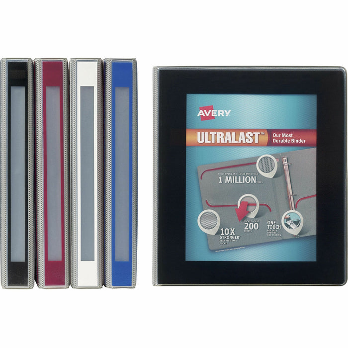 Avery® Ultralast Binder - 1" Binder Capacity - Letter - 8 1/2" x 11" Sheet Size - 275 Sheet Capacity - Fastener: Slant Ring - Pocket: 2, Internal, Front - Vinyl - Black, Blue, Red, White - Pocket, Heavy Duty, One Touch Ring, Gap-free Ring, Non-stick, Tear
