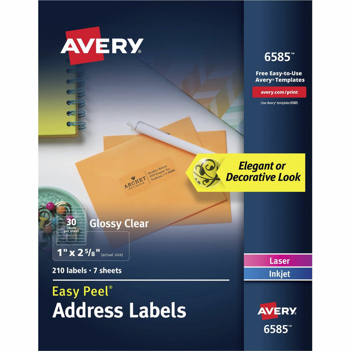 Avery® Easy Peel Address Label - 2 5/8" Height x 1" Width - Permanent Adhesive - Rectangle - Laser, Inkjet - Clear - Film - 30 / Sheet - 35 Total Sheets - 1050 Total Label(s) - 5 / Carton