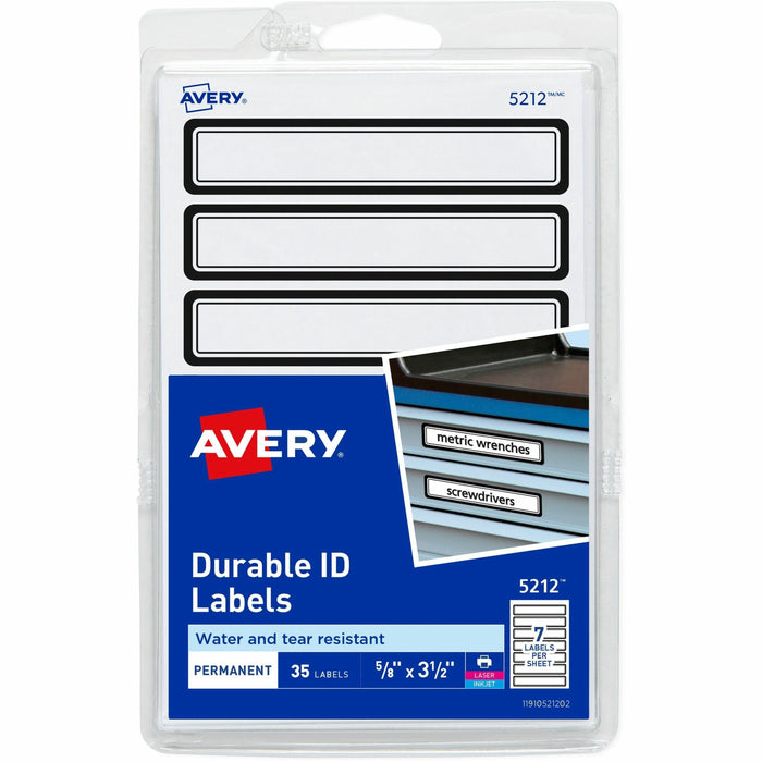 Avery® Durable ID Labels - 5/8" Widthss x 3 1/2" Length - Permanent Adhesive - Rectangle - Matte - White - Blue Border - Film - Water Resistant - 7 / Sheet - 5 Total Sheets - 630 Total Label(s) - 35/Pack - 18 / Carton