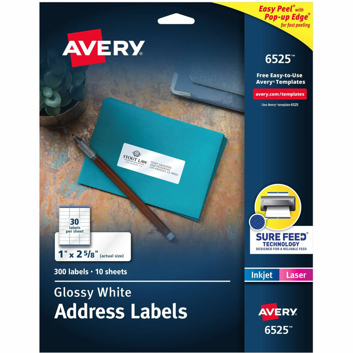 Avery® Easy Peel Glossy Address Labels - 1" Width x 2 5/8" Length - Permanent Adhesive - Rectangle - Laser, Inkjet - Glossy - White - Paper - 30 / Sheet - 10 Total Sheets - 300 Total Label(s) - 1 Carton