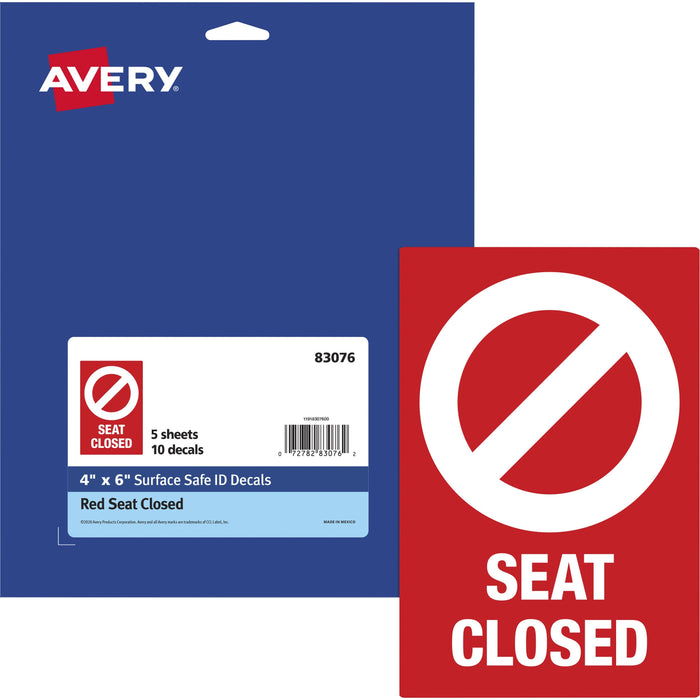 Avery® Surface Safe SEAT CLOSED Chair Decals - Print/Message "Seat Closed" - 4" Width x 6" Height - Rectangular Shape - Water Resistant, Pre-printed, Chemical Resistant, Abrasion Resistant, Tear Resistant, Durable, UV Resistant, Residue-free, Easy Peel, A