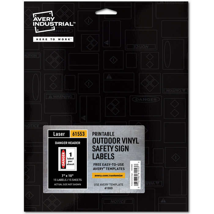 Avery® Danger Header Printable Outdoor Vinyl Signs - Waterproof - DANGER - 7" Width x 10" Length - Permanent Adhesive - Rectangle - Laser - White - Vinyl - 1 / Sheet - 15 Total Sheets - 15 Total Label(s) - 1 Pack