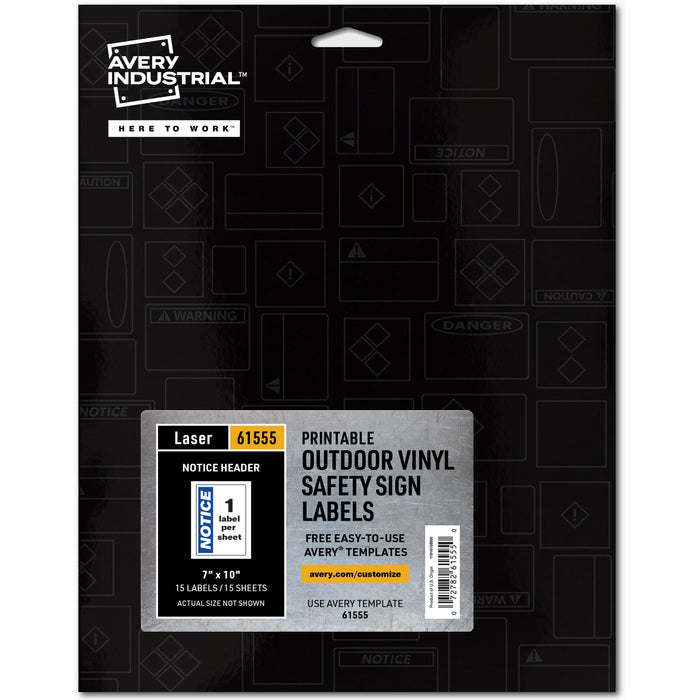 Avery® NOTICE Header Self-Adhesive Outdoor Sign - Waterproof - NOTICE - 7" Width x 10" Length - Permanent Adhesive - Rectangle - Laser - White - Vinyl - 1 / Sheet - 15 Total Sheets - 15 Total Label(s) - 1 Pack