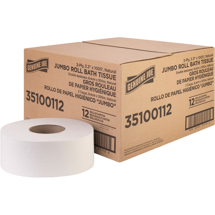 Genuine Joe Jumbo Jr Dispenser Bath Tissue Roll - 2 Ply - 3.30" Width x 1000 ft Length - 8.88" Roll Diameter - White - Fiber - 12 / Carton