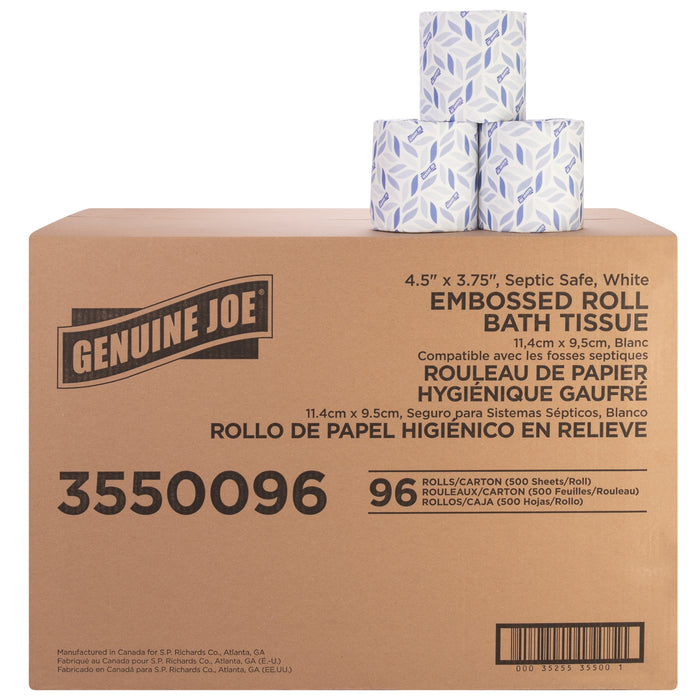 Genuine Joe 2-ply Bath Tissue - 2 Ply - 4.50" Width x 3.80" Length - 500 Sheets/Roll - Embossed - White - Fiber - 96 / Carton