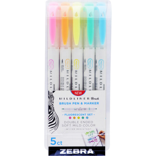 Zebra MILDLINER Dual Ended Brush Pen & Marker Set - Fine Marker Point - Brush Marker Point Style - Fluorescent Pink Pigment-based, Fluorescent Orange, Fluorescent Yellow, Fluorescent Blue, Fluorescent Green Ink - 5 / Pack