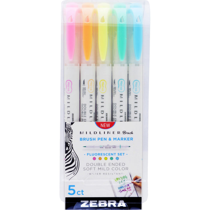 Zebra MILDLINER Dual Ended Brush Pen & Marker Set - Fine Marker Point - Brush Marker Point Style - Fluorescent Pink Pigment-based, Fluorescent Orange, Fluorescent Yellow, Fluorescent Blue, Fluorescent Green Ink - 5 / Pack
