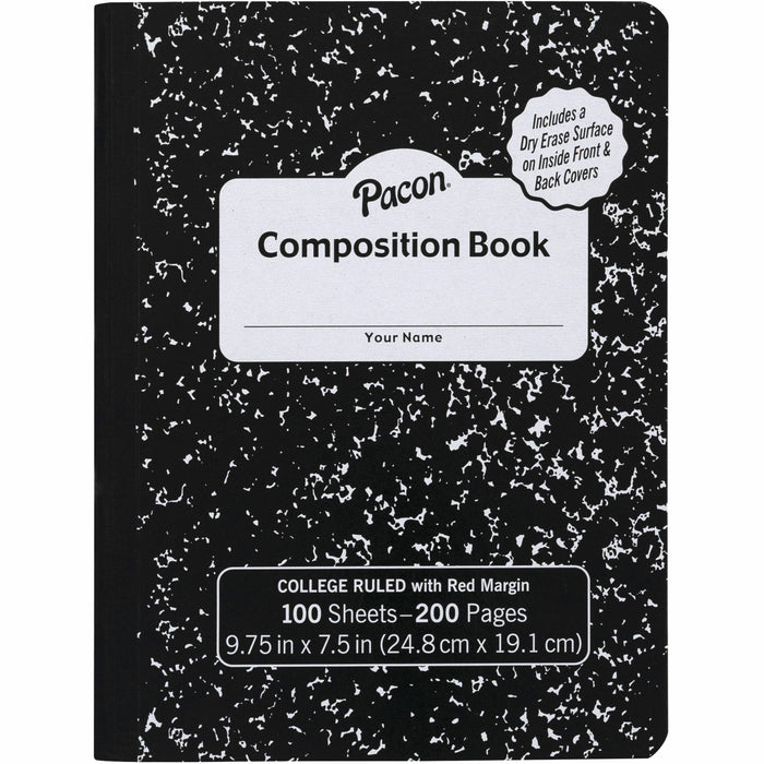 Pacon Marble Hard Cover Wide Rule Composition Book - 1 Subject(s) - 100 Sheets - 200 Pages - Wide Ruled Front Ruling - Red Margin - 9.75" Height x 7.5" Width x 0.4" Depth - Black Marble Cover - Recyclable, Hard Cover, Dry Erase Surface - 1 Each