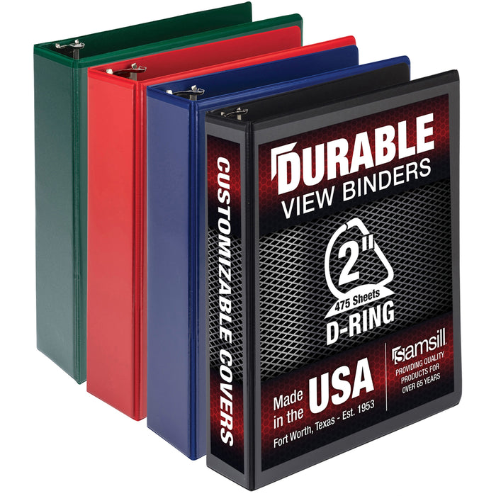 Samsill Durable View Ring Binder - 2" Binder Capacity - Letter - 8 1/2" x 11" Sheet Size - 475 Sheet Capacity - 3 Ring - Fastener: D-Ring - Pocket: 2, Internal - Polypropylene, Chipboard - Black, Blue, Red, Green - Recycled - Durable, Clear Overlay, Non-s