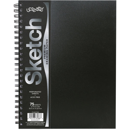 UCreate Poly Cover Sketch Book - 75 Sheets - Spiral - 70 lb Basis Weight - 12" x 9" Sheet Size - 12" Width x 9" Depth - Black Polyurethane Cover - Heavyweight, Acid-free Paper, Durable Cover, Perforated - 1 Each