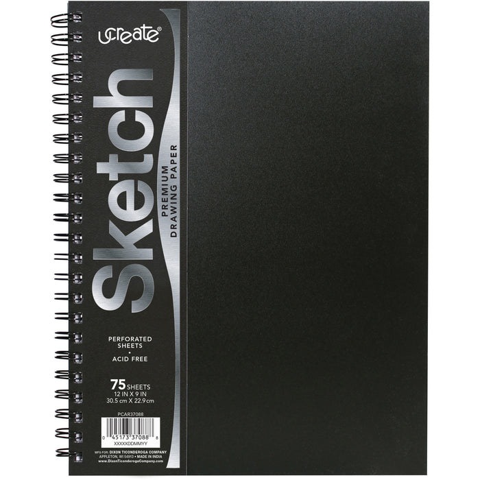 UCreate Poly Cover Sketch Book - 75 Sheets - Spiral - 70 lb Basis Weight - 12" x 9" Sheet Size - 12" Width x 9" Depth - Black Polyurethane Cover - Heavyweight, Acid-free Paper, Durable Cover, Perforated - 1 Each
