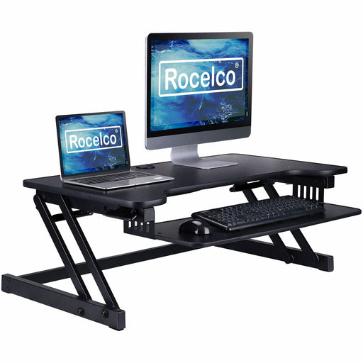 Rocelco DADR 37.4" Deluxe Adjustable Desk Riser - 17" Height x 37.40" Width x 23.30" Depth - Desk - Black - For Monitor, Notebook, Office, Workstation, Medical, Home Office, Student, Keyboard - Sit-stand, Sturdy, Ergonomic, Keyboard Tray, Grommet, Cable M