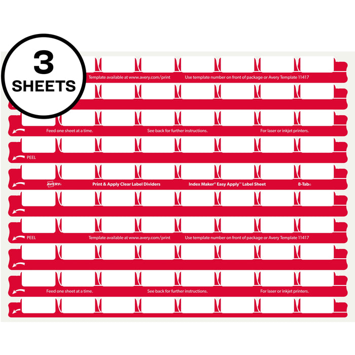 Avery® 8 Tab Easy Print & Apply Clear Label Sheet Refills (11226) - Inkjet, Laser - Clear - Plastic - 3 Total Sheets - 30/Pack - 30 / Pack