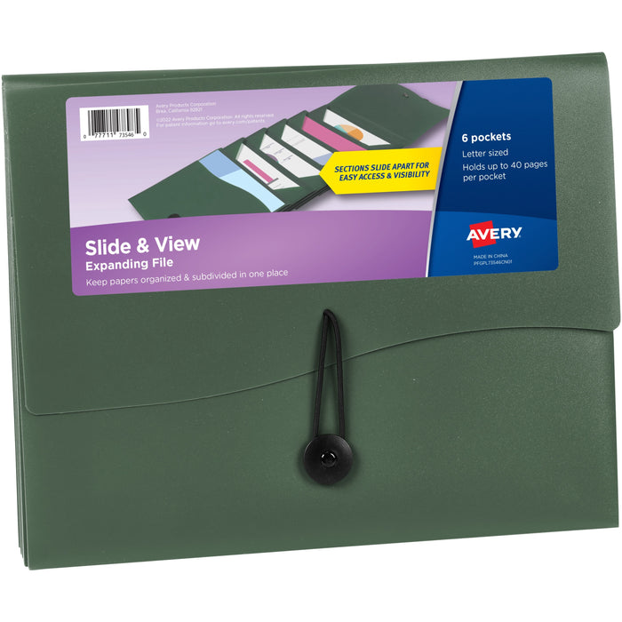 Avery® Slide & View Letter Recycled Organizer Folder - 8 1/2" x 11" - 40 Sheets Capacity - 6 Pocket - Plastic, Poly, Polypropylene - Sage - 100% Recycled - 1 Each