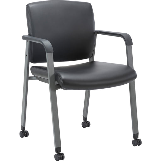 Lorell Healthcare Upholstery Guest Chair with Casters - Vinyl Seat Material - Vinyl Back Material - Steel Frame Material - Square Base - Black - Armrest - 1 Each