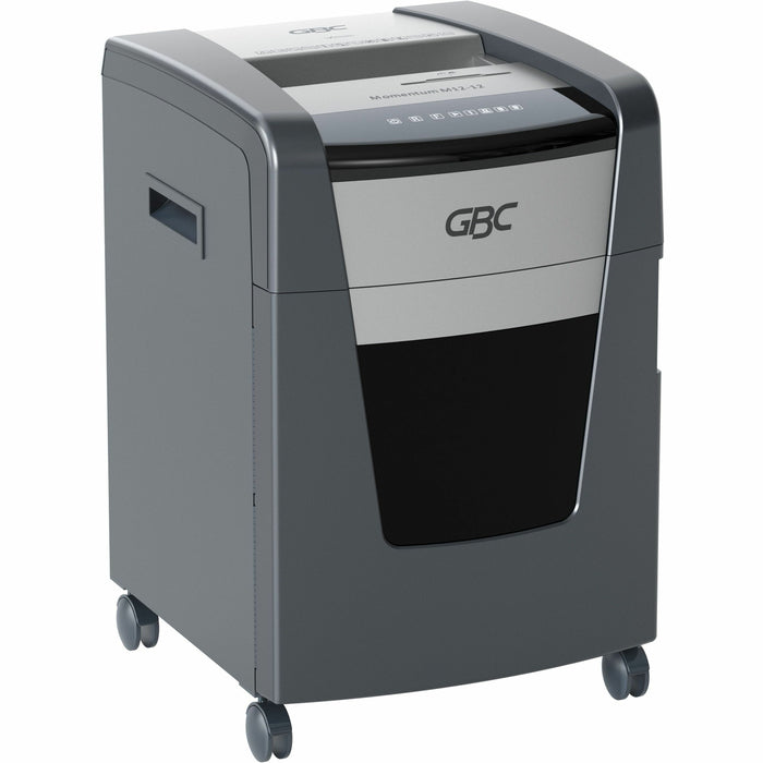 GBC Momentum Paper Shredder, M12-12, Micro-Cut, Anti-Jam, 12 Sheets - Continuous Shredder - Micro Cut - 12 Per Pass - for shredding CD, Credit Card, Junk Mail, Staples, Paper Clip, DVD - 0.078" x 0.594" Shred Size - 9" Throat - 12 gal Wastebin Capacity -