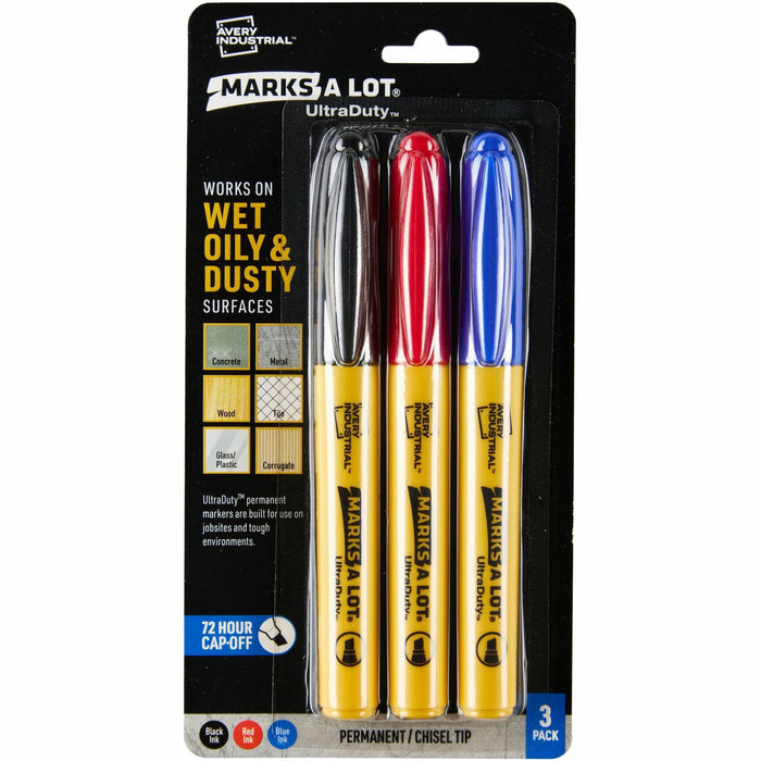 Avery® Marks A Lot UltraDuty Markers, Chisel Tip, 3 Assorted Markers (29864) - Black, Red, Blue Ink - Polyester Tip - 3 / Pack