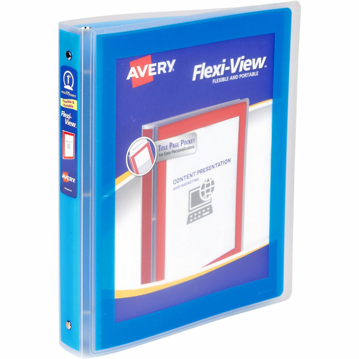Avery® Flexi-View 3 Ring Binder, 1 Inch Round Rings, 1 Blue Binder - 1" Binder Capacity - Letter - 8 1/2" x 11" Sheet Size - 175 Sheet Capacity - Fastener: Round Ring - Pocket: 1, Inside Back - Polypropylene, Poly - Blue - Durable, Spine, Flexible, Pocket