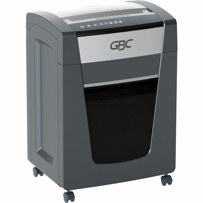 GBC Momentum Paper Shredder, X20-07, Micro-Cut, P-4, Anti-Jam, 20 Sheets - Continuous Shredder - Micro Cut - 20 Per Pass - for shredding Paper Clip, Paper, Junk Mail, Staples - P-4 - 9" Throat - 4 Hour Run Time - 7 gal Wastebin Capacity - Black