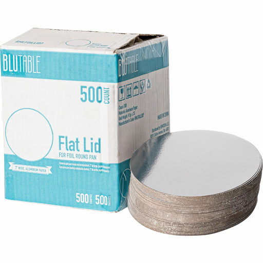 BluTable 7" Round Foil Pan Flat Board Lids - Round - White, Silver - 500 / Carton