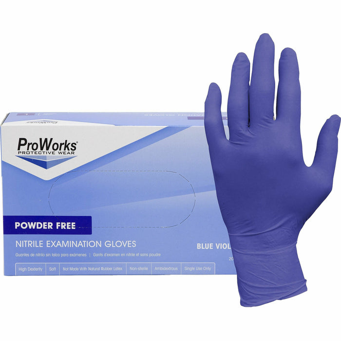 ProWorks Nitrile Powder-Free Exam Gloves - 3 mil Thickness x 9.50" Glove Length - Small Size - Nitrile - Blue Violet - Soft, Flexible, Comfortable, Latex-free, Non-sterile - For General Purpose, Industrial, Food Service, Gardening, Dental - 200/Box - 10 /