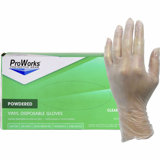 ProWorks Vinyl Powdered Industrial Gloves - 3 mil Thickness x 9" Glove Length - Small Size - Vinyl - Clear - Powdered, Non-sterile - For Industrial, General Purpose, Construction, Food Processing, Food Service, Hospitality - 100/Box - 10 / Carton