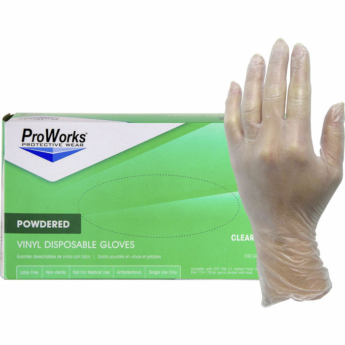ProWorks Vinyl Powdered Industrial Gloves - 3 mil Thickness x 9" Glove Length - Small Size - Vinyl - Clear - Powdered, Non-sterile - For Industrial, General Purpose, Construction, Food Processing, Food Service, Hospitality - 100/Box - 10 / Carton