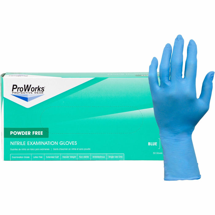 ProWorks Nitrile Powder-Free Exam Gloves - 8 mil Thickness x 12" Glove Length - Large Size - For Right/Left Hand - Nitrile - Blue - Non-sterile, Wear Resistant, Tear Resistant, Durable, Latex-free, Heavyweight - For Automotive, Aerospace, Examination, Hea