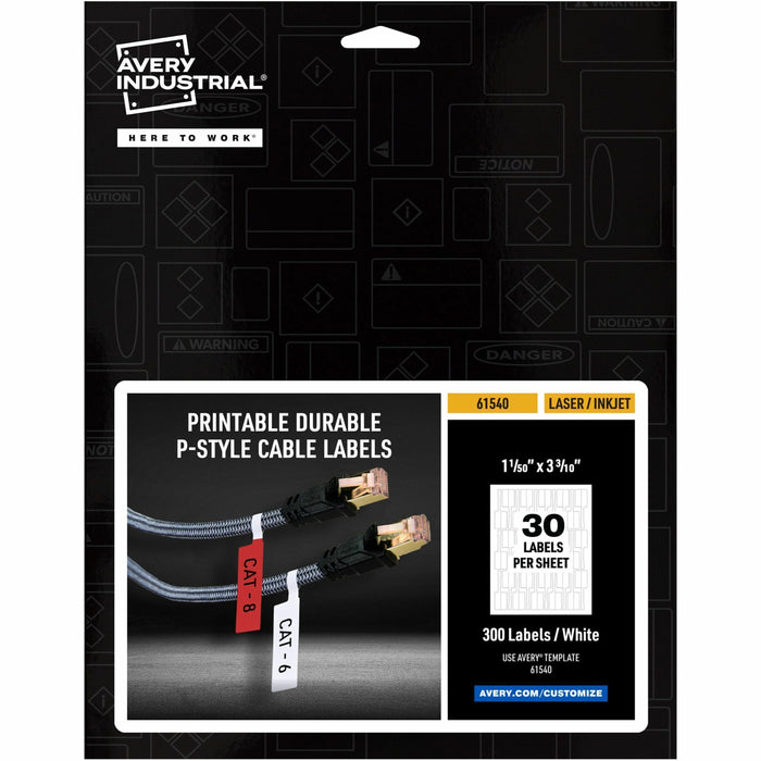 Avery® Cable Labels, P-Style, 1.02" x 3.3" , 300 Total (61540) - Waterproof - 1 1/64" Width x 3 19/64" Length - Permanent Adhesive - P-shaped - Laser, Inkjet - White - Film - 30 / Sheet - 10 Total Sheets - 300 Total Label(s) - 1 Pack
