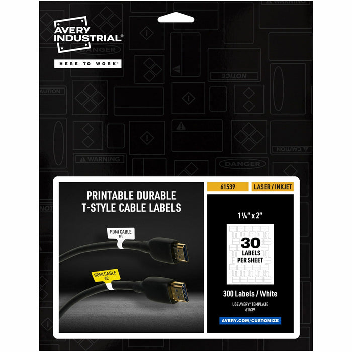 Avery® Cable Labels, T-Style, 1.25" x 2" , 300 Total (61539) - Waterproof - 1 1/4" Width x 2" Length - Permanent Adhesive - T-shaped - Inkjet, Laser - White - Film - 30 / Sheet - 10 Total Sheets - 300 Total Label(s) - 1 Pack