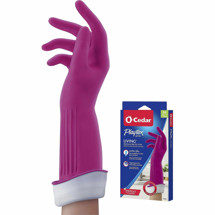 O-Cedar Playtex Living Gloves - 14" Glove Length - Chemical, Bacteria Protection - Medium Size - Latex, Neoprene, Nitrile - Pink - Anti-microbial, Reusable, Durable, Comfortable, Odor Resistant, Textured Palm, Textured Fingertip - For Household, Cleaning
