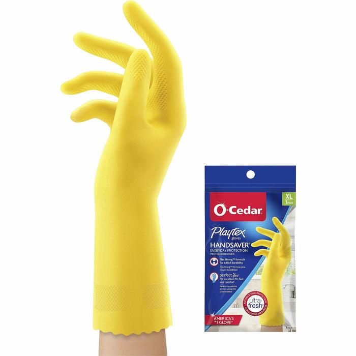 O-Cedar Playtex Handsaver Gloves - Hot Water, Chemical Protection - X-Large Size - Latex, Nitrile, Neoprene - Yellow - Long Lasting, Durable, Anti-microbial, Odor Resistant, Comfortable, Textured Fingertip, Textured Palm, Reusable - For Household - 2 / Pa