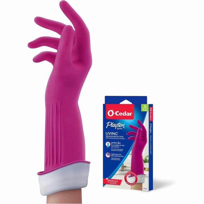 O-Cedar Playtex Living Gloves - 14" Glove Length - Chemical, Bacteria Protection - Small Size - Latex, Neoprene, Nitrile - Pink - Anti-microbial, Reusable, Durable, Comfortable, Odor Resistant, Textured Palm, Textured Fingertip - For Household, Cleaning -